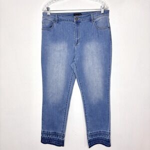 Susan Graver Jeans Womens 12 Blue Cropped Ankle Denim Dye Frayed Hem Stretch